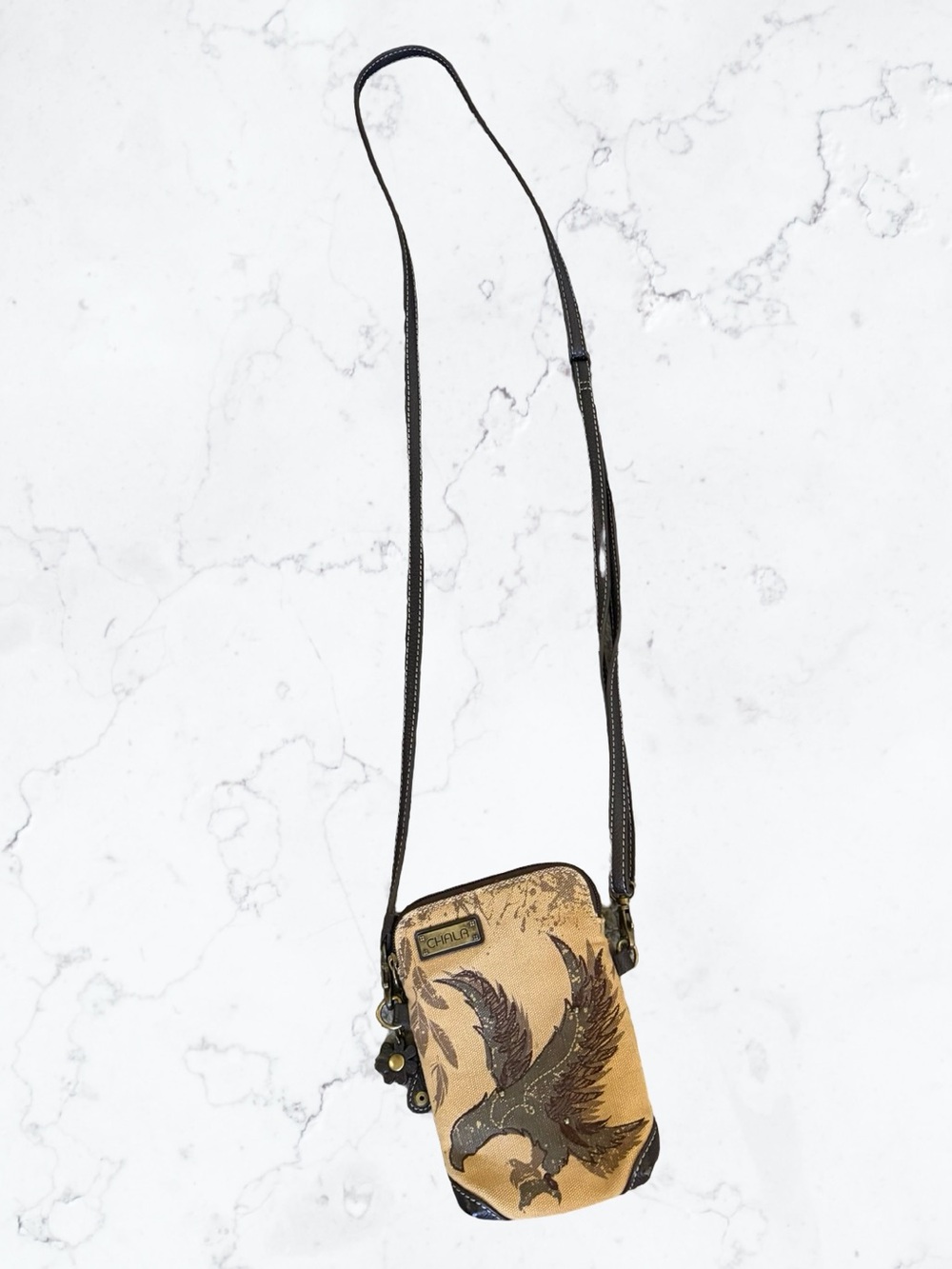 Chala Tan and Brown Eagle Crossbody Phone Pouch with Dark Brown Strap